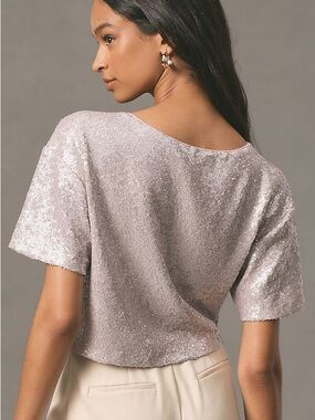 BY ANTHROPOLOGIE Sequin Crop Top - Light Grey - Boxy Relaxed Fit